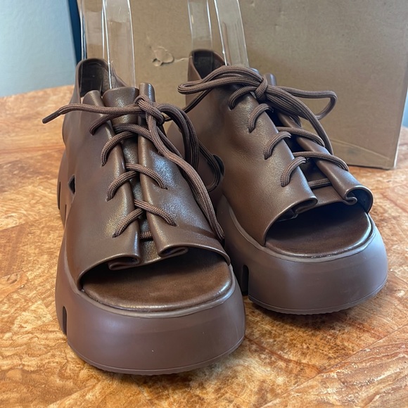 NIB    HZM | Coffee Lace-Up Super Soft Leather Platform Sandal   ZL840 - Picture 2 of 12